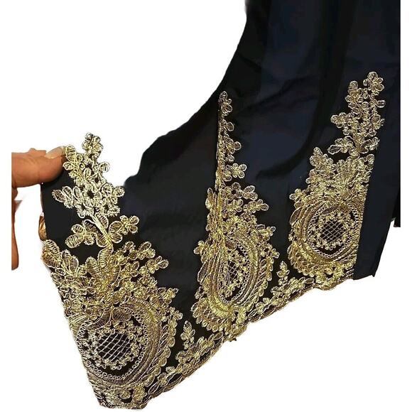 Abaya Gold Lace Embroidery Navy Blue Open Dress With Sash By Abetteric - Picture 3 of 5